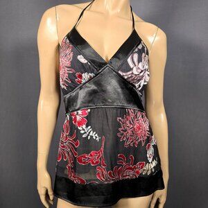 Y2K Black Red Babydoll Halter top Size 9 Satin Floral Fairy Goth Whimsigoth Boho